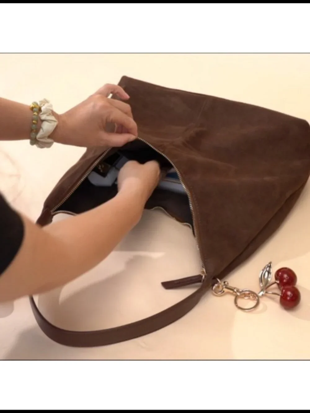 Faux Suede Hobo Shoulder Bag 2pc Set Wide Strap Zipper Pouch